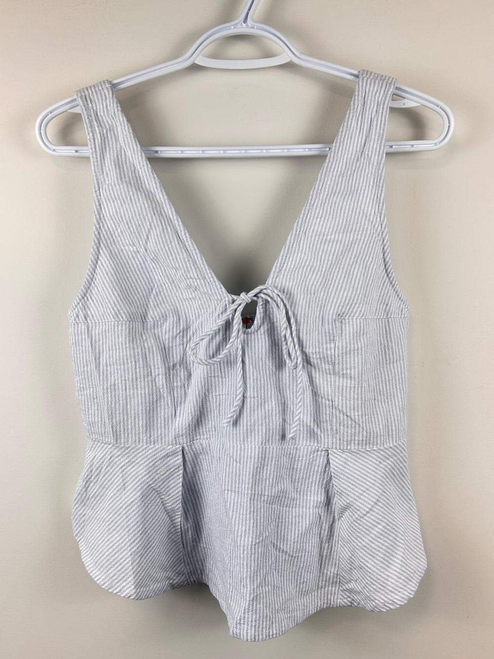 Free People Blue White Stripe Tie Front Peplum Tank Top Size Small 100% Cotton